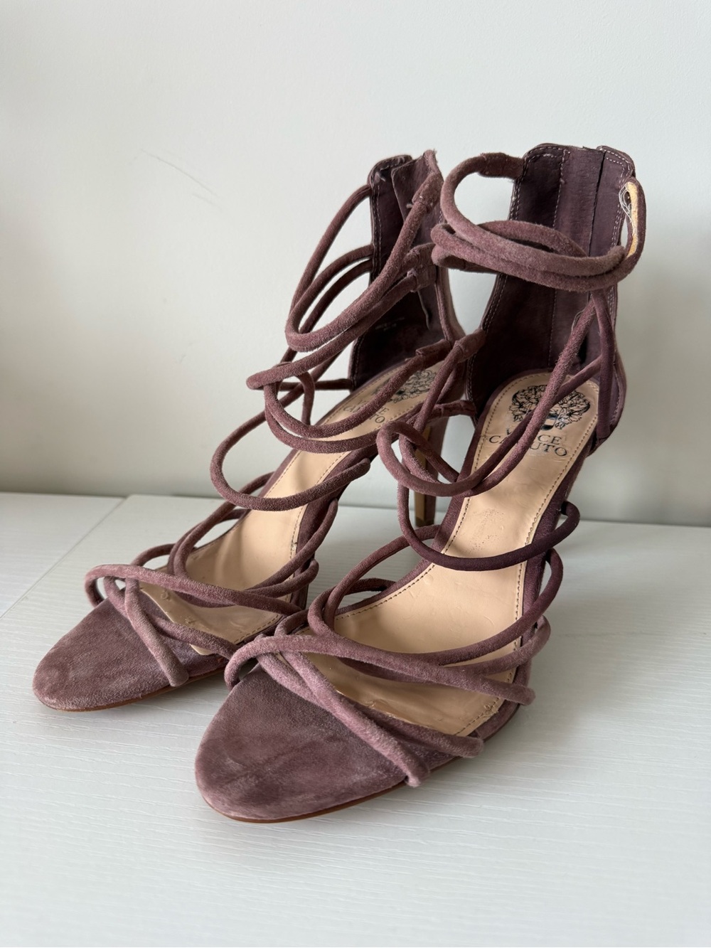 Vince Camuto Mauve Suede Strappy Lace-Up Heels